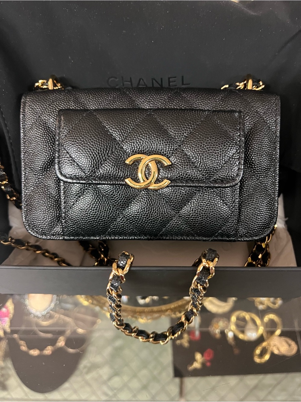 CHANEL Black Quilted Caviar Leather Crossbody Bag with Gold CC